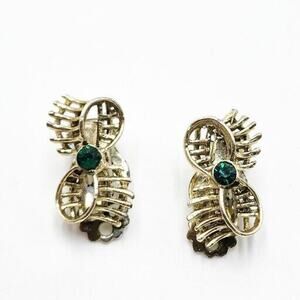 Vintage Green Rhinestone Gold Tone Abstract DNA Ribbon Clip On Earrings MCM